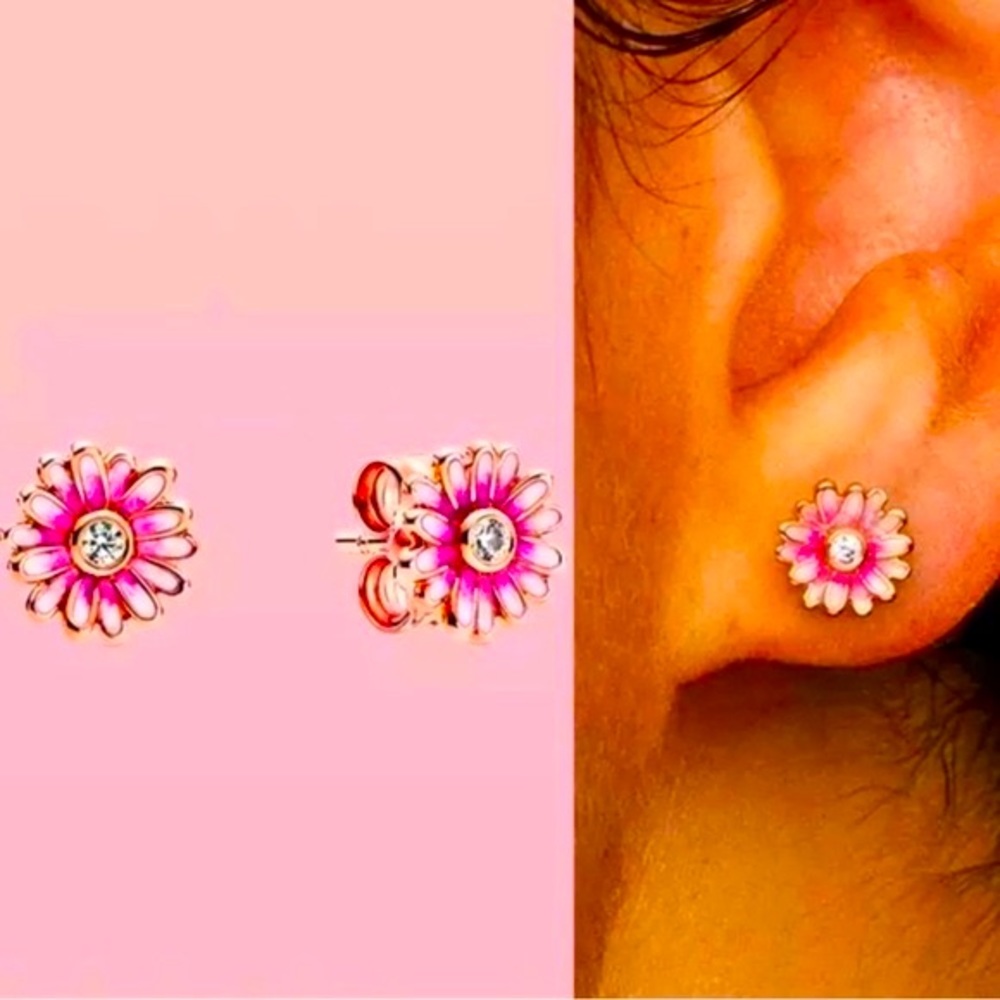 PINK DAISY EARRINGS W/CZ CENTER! SILVER ROSE GOLD PLATED, .925 STAMPED! - Picture 4 of 13